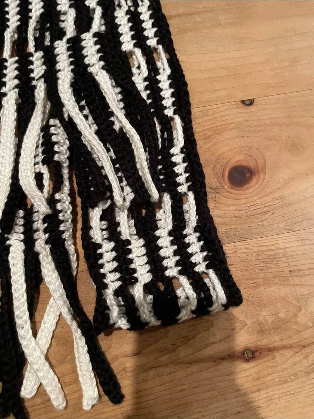 Handmade Black White Crochet braided fringe nautical festival hippie scarf OS